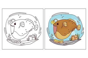 Hand drawn cute sea creature for colouring page anglerfish vector