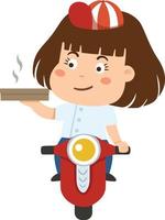 caricatura linda chica montando scooter.entrega comida ilustración vector