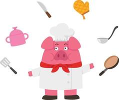 happy cartoon pig cooking chef vector illustration