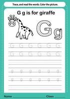 Alphabet g exercise with cartoon vocabulary for coloring book illustration, vector