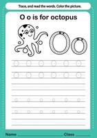 Alphabet o exercise with cartoon vocabulary for coloring book illustration, vector