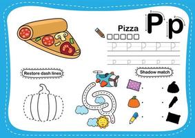 alfabeto letra p - ejercicio de pizza con ilustración de vocabulario de dibujos animados, vector