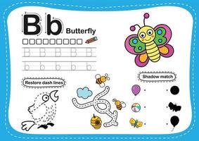 alfabeto letra b- mariposa ejercicio con ilustración de vocabulario de dibujos animados, vector