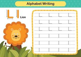 letra del alfabeto l - ejercicio de león con ilustración de vocabulario de dibujos animados, vector