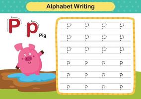 alfabeto letra p - ejercicio de cerdo con ilustración de vocabulario de dibujos animados, vector