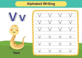 letra del alfabeto v - ejercicio de víbora con ilustración de vocabulario de dibujos animados, vector