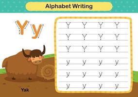 letra del alfabeto y - ejercicio de yak con ilustración de vocabulario de dibujos animados, vector