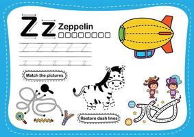 letra del alfabeto z - ejercicio de zepelín con ilustración de vocabulario de dibujos animados, vector
