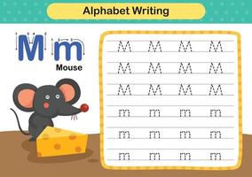 alfabeto letra m - ejercicio de ratón con ilustración de vocabulario de dibujos animados, vector