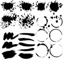 Vector set of grunge ink splashes, brush strokes, design elements, circles. Empty black backgrounds, frames for text or quote.