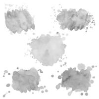 Set of gray scale watercolor spots with splashes. Monochrome grunge elements for paper design. vector