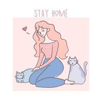 Cartoon cute girl sitting and stroking a cat. Stay Home Protect Yourself. Vector Illustration