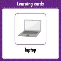 Learning cards for kids. Laptop. Computer. Educational worksheets for kids. Preschool activity vector