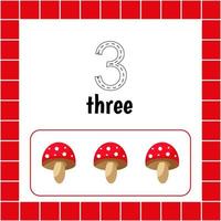 Number three. Fly agaric.Count mushroom game. Educational maths worksheets. Cards with numbers for children. Trace the line. vector