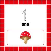 Cards with numbers for children. Trace the line. For kids learning to count and to write. Number One. Fle agaric.Count mushroom game. vector
