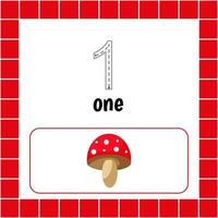 Cards with numbers for children. Trace the line. For kids learning to count and to write. Number One. Fle agaric.Count mushroom game. vector