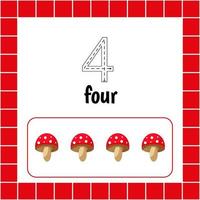 Cards with numbers for children. Trace the line. For kids learning to count and to write. Number four. Fly agaric.Count mushroom game. vector