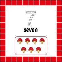 Cards with numbers for children. Trace the line. For kids learning to count and to write. Number seven. Fly agaric. vector