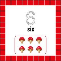 Cards with numbers for children. Trace the line. For kids learning to count and to write. Number six. Fly agaric.Count mushroom game. vector