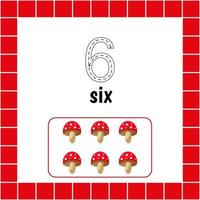 Cards with numbers for children. Trace the line. For kids learning to count and to write. Number six. Fly agaric.Count mushroom game. vector