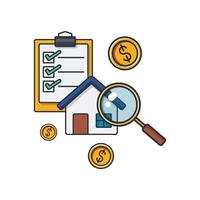 Collection colored thin icon of house checking ,checklist ,magnifying glass ,money coin, business and finance concept vector illustration.