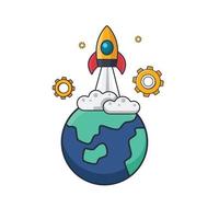Collection colored thin icon of launching spaceship from the earth, transportation or technology concept vector illustration.