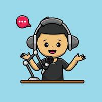 Cute Boy Podcaster Cartoon Vector Icon Illustration. People Icon Concept Isolated Premium Vector.