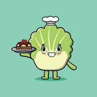 Cartoon chef chinese cabbage serving cake on tray vector