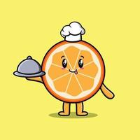 caricatura, chef, naranja, fruta, porción, comida, en, bandeja vector