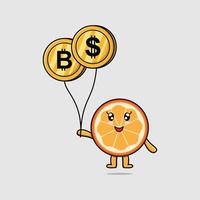 flotador de fruta naranja de dibujos animados con globo de moneda de oro vector