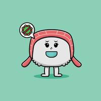 lindo sushi de dibujos animados usando máscara para prevenir virus vector