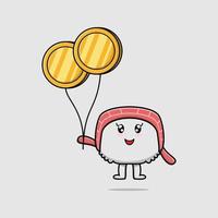 Cute cartoon sushi businessman floating with gold coin balloon vector