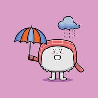 Cute cartoon sushi in rain and using an umbrella vector