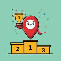 Cute cartoon pin location as the winner with happy expression in 3d modern style design vector