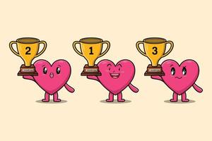 Set of cute cartoon lovely heart holding trophy vector