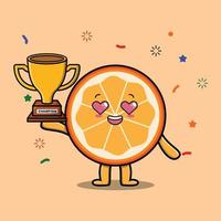 Cute cartoon orange fruit as the winner with happy expression in 3d modern style design vector