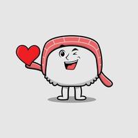 Cute cartoon sushi character holding big red heart vector