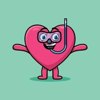 buzo de corazón encantador de dibujos animados con vaso de natación vector