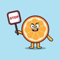 Cute Cartoon orange fruit with stop sign board vector