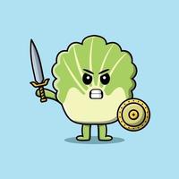 cartoon Chinese cabbage holding sword and shield vector