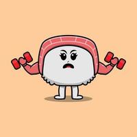 Cute cartoon sushi character fitness with barbell vector