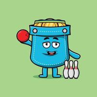 personaje de bolsillo de dibujos animados lindo jugando bolos vector