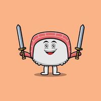 Cute cartoon Sushi character holding two sword vector