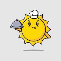 Cute Cartoon chef sun mascot serving food on tray vector