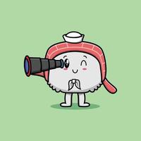 Cute cartoon sushi sailor with hat and binocular vector