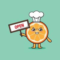 Cute cartoon orange fruit holding open sign vector