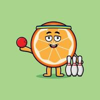 linda caricatura naranja fruta jugando bolos vector