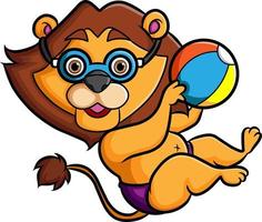 The lion is playing the ball beach with the happy expression vector