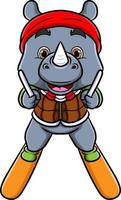 The cute rhinoceros is playing an ice skate with safety equipment vector