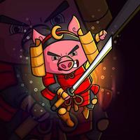 The swordsman pig is attack with the sword esport mascot logo design vector